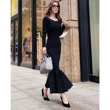 eimy istoire 사이드 레이스업 머메이드 니트 원피스 블랙