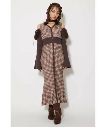 리엔다 인조 모피 자카드 니트 원피스