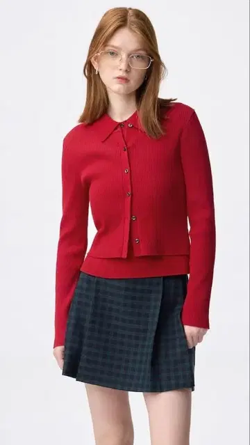 GU 2 피스 리브 니트 피케 셔츠 RED M