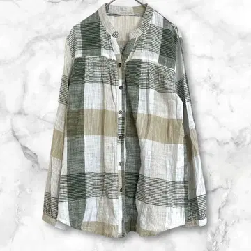 그린 계열 체크 무늬 긴팔 셔츠 블라우스 코튼 100% L 캐주얼