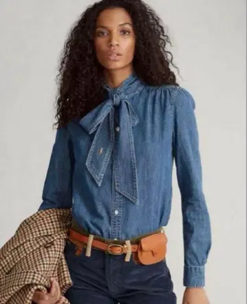 랄프 로렌 데님 리본 보타이 셔츠 포니 자수