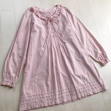 핑크하우스 면 로운 핑크 x 화이트 체크 무늬 튜닉 블라우스