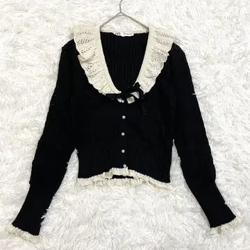 ZARA 자라 니트 가디건 펄 버튼 레이스 옷깃 블랙 M 걸리시