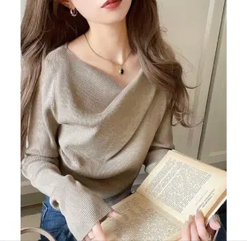 베이지 드레이프넥 니트탑 긴팔