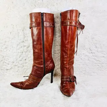 VII XII XXX 천연 가죽 롱 부츠 스터드 포인트 핑힐