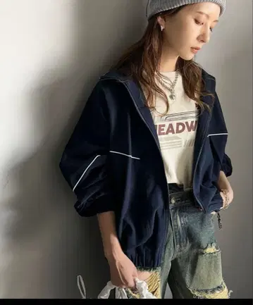 JAVA 안쪽 플리스 배색 파이핑 스탠드 카라 블루종 LL 오버 사이즈