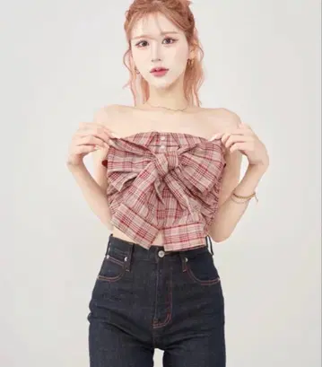 다리치 darich 타탄 체크 리본 베어 탑 레드 RED