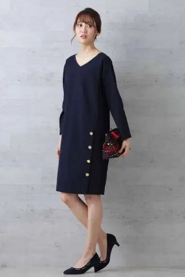 Natural BEAUTY basic 사이드 버튼 색 원피스 네이비