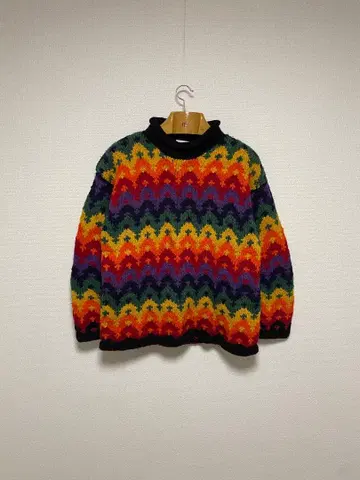 80s 에콰도르 니트 핸드 니트 울 스웨터 레인보우 패턴