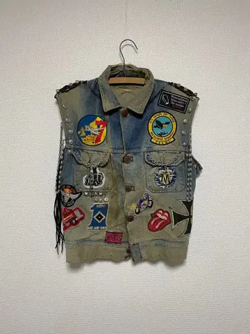 70s 펑크 커스텀 KAWASAKI 찡 장식 체인 데님 자켓 베스트