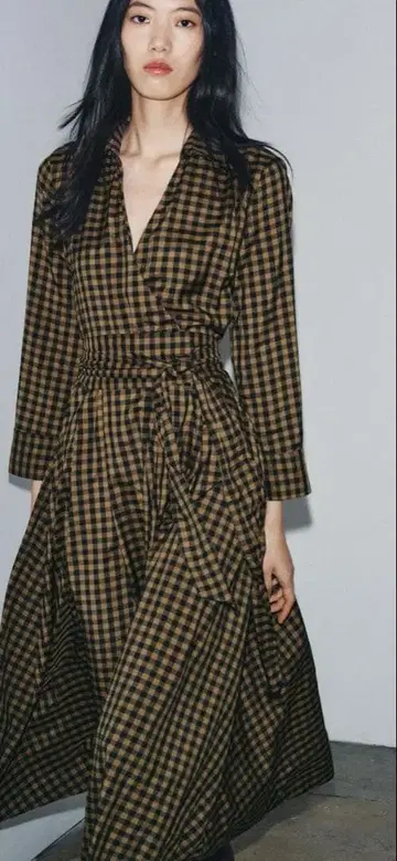 ZARA 체크 무늬 셔츠 랩 원피스 브라운 M 사이즈