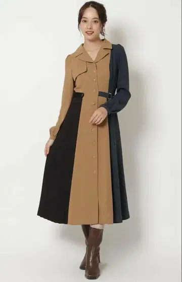 [ 새상품 미사용 ] redyazel 배색 플리츠 사이드 벨트 원피스