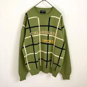 구제 의류 니트 스웨터 자수 무늬 울 100% 그린 올드 클래식