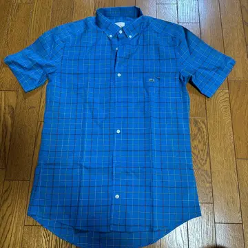 LACOSTE 파랑 체크 무늬 반팔 셔츠 38