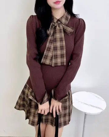 INGNI 브라운 리본 포함 미니 원피스