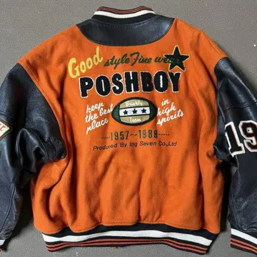 POSHBOY 프리 사이즈 가죽 암 바시티 자켓 풀 데코 오렌지