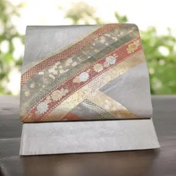 육통 후쿠로 오비 쥐색 실버 계열 금은 염색 꽃무늬 물결