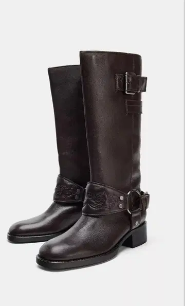 다크 브라운 가죽 롱 부츠 천연 가죽 Zara 완판템