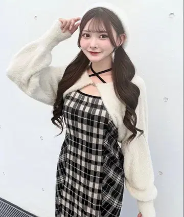 oneway 샤기 볼레로 롱 체크 원피스