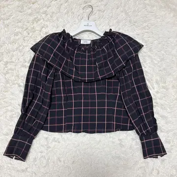 인기 데이지 블라우스 긴팔 2WAY 카라 부착 체크 무늬 미니 기장 블랙