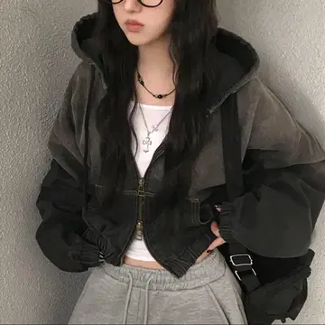 amood 그라 빈티지 워싱 데님 자켓 후드티 블루