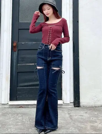 컷 아웃 리본 데님 팬츠