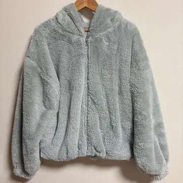 [위고] 인조 모피 자켓 S 라이트 그린 후드 부착 풀 지퍼