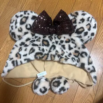 레오파드 무늬 팬캡 브라운 스팽글 리본 포함