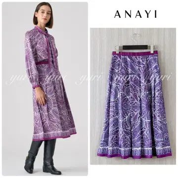 [771] 새상품급 아나이 페이즐리 스카프 프린트 턱 스커트 보라색 36