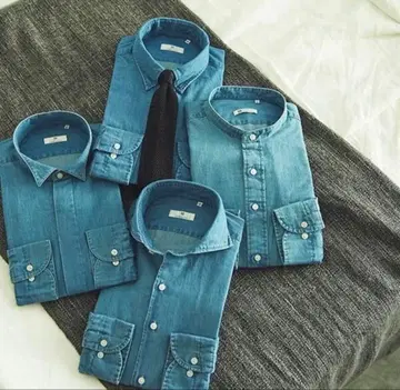 CLASSICO TAPERED 긴팔 와이셔츠 버튼 다운 블루 데님