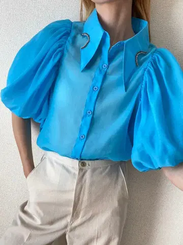 비쥬 장식 파랑 쉬폰 셔츠 블라우스 상의 시스루 쉬폰 라메