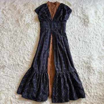 KOH.style 체크 도킹 원피스 반팔 브라운 네이비