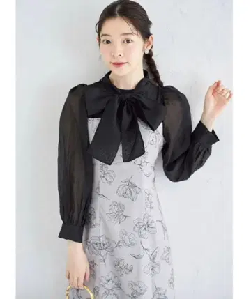 2WAY 보타이 리본 포함 라인 플라워 프린트 절개 머메이드 원피스