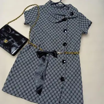 숏 슬리브 미니 원피스 그레이와 블랙 패턴 가을 겨울