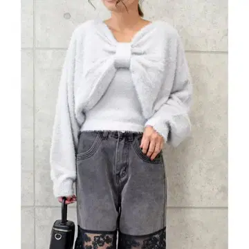 FUN 샤기 리본 볼레로 리본 니트