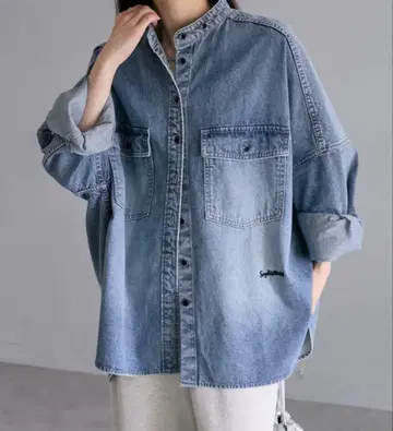 [ PUAL CE CIN ] 빈티지 라이크 데님 밴드 카라 셔츠 블루