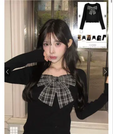 체크 무늬 리본 도킹 리브 니트탑[gn548]