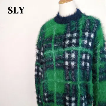 SLY 슬라이 체크 무늬 포근 샤기 니트 풀오버 그린 F