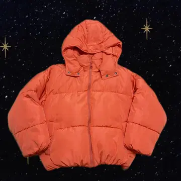 오렌지 후드 부착 다운 자켓