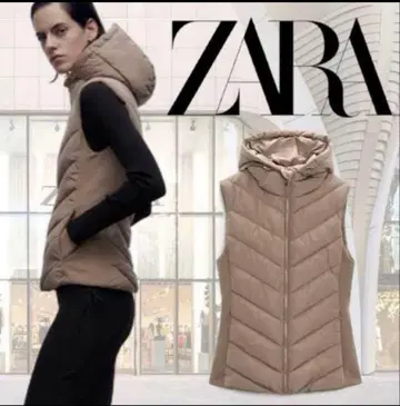 ZARA 후드 부착 베이지 다운 베스트