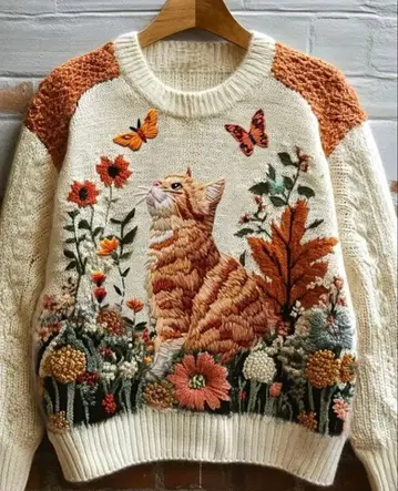 고양이와 꽃무늬 스웨터 L 사이즈 복슬복슬 고양이 패턴 니트