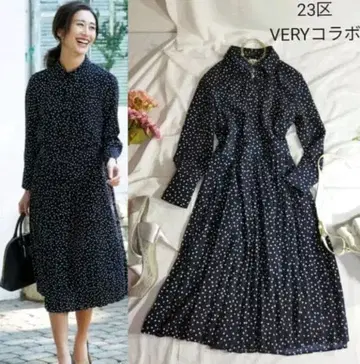 23구 VERY 콜라보 도트 플리츠 원피스 롱 사이즈 38 네이비