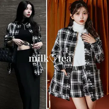 택 포함 새상품 다리치 체크 프린지 트위드 자켓 블랙