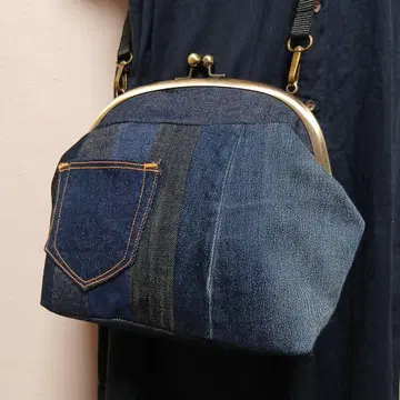 [ 데님 패치워크 작은 포켓 포함 ] 가마구치 숄더백 핸드메이드