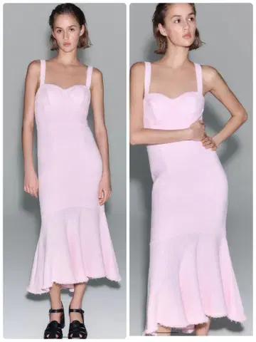 핑크 슬리브리스 플레어 원피스 트위드