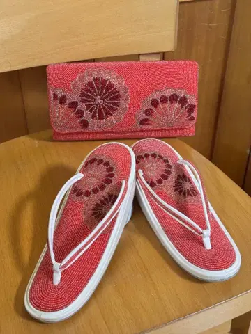 [미사용] 비즈 장식 일본 의류용 조리 및 백 세트 거울 포함