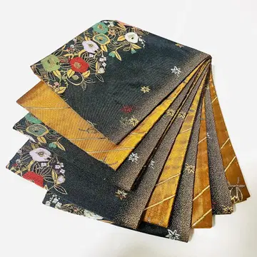 [ 거의 미사용 ] 폴리에스테르 반폭 오비 흑갈색 꽃무늬