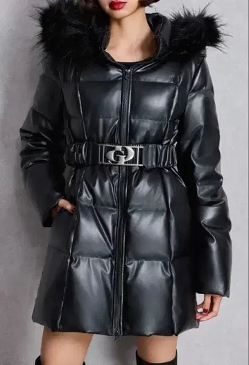 블랙 합성 피혁 다운 자켓