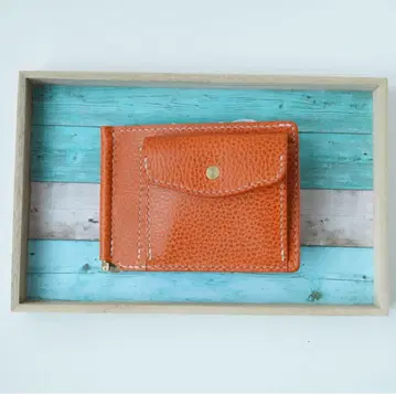 머니클립 코인 포켓 있음 주름 가죽 오렌지