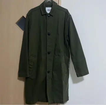 ZARA 남성용 스텐카라 코트 롱 코트 카키 면 코튼